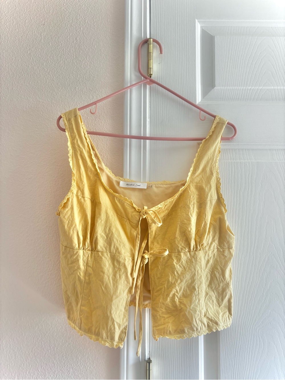 Yellow Tie Front Tank Top Eyelet Lace Trim Coquette Blouse S/M